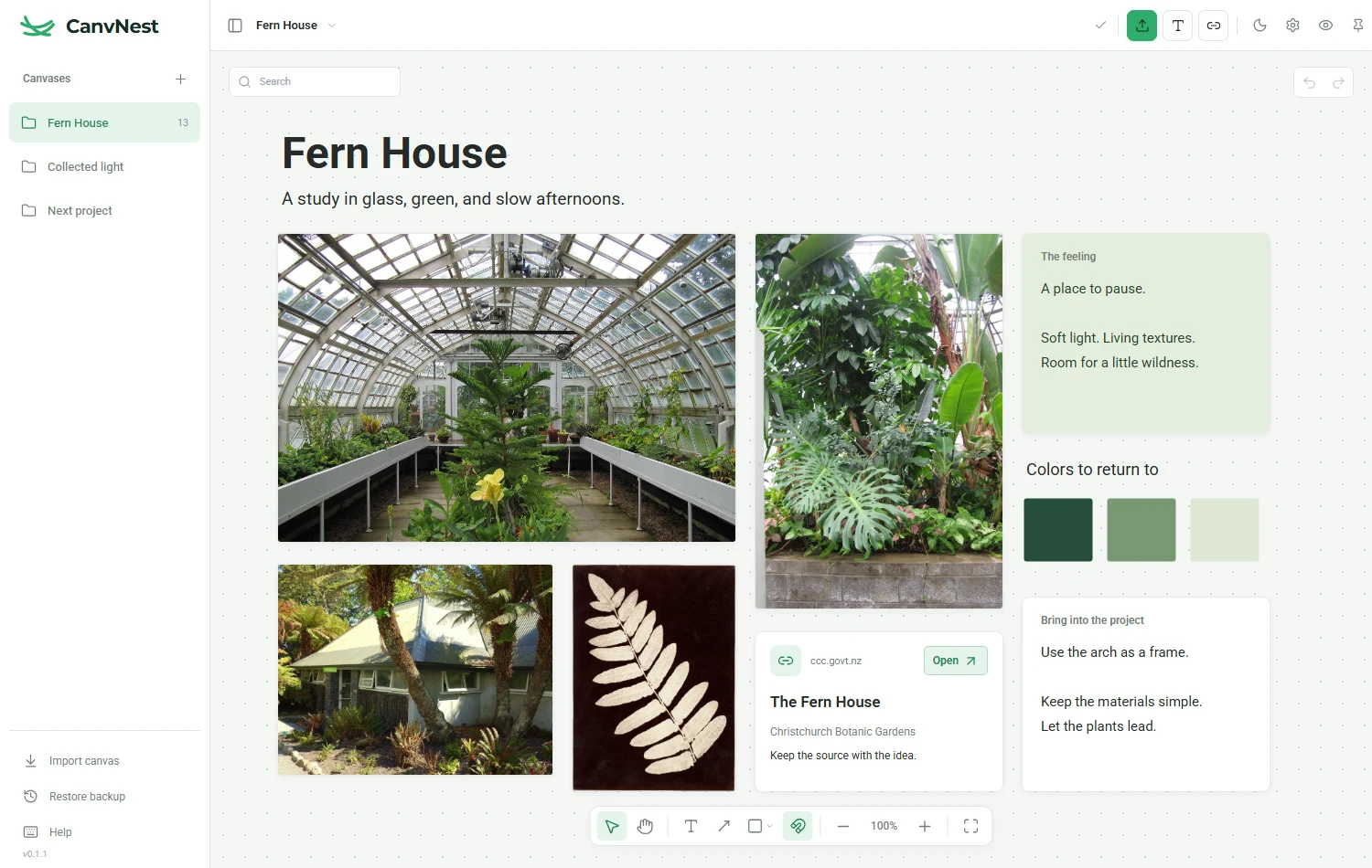 CanvNest 中的 Fern House 示例参考板，包含植物图片、建筑参考和笔记。